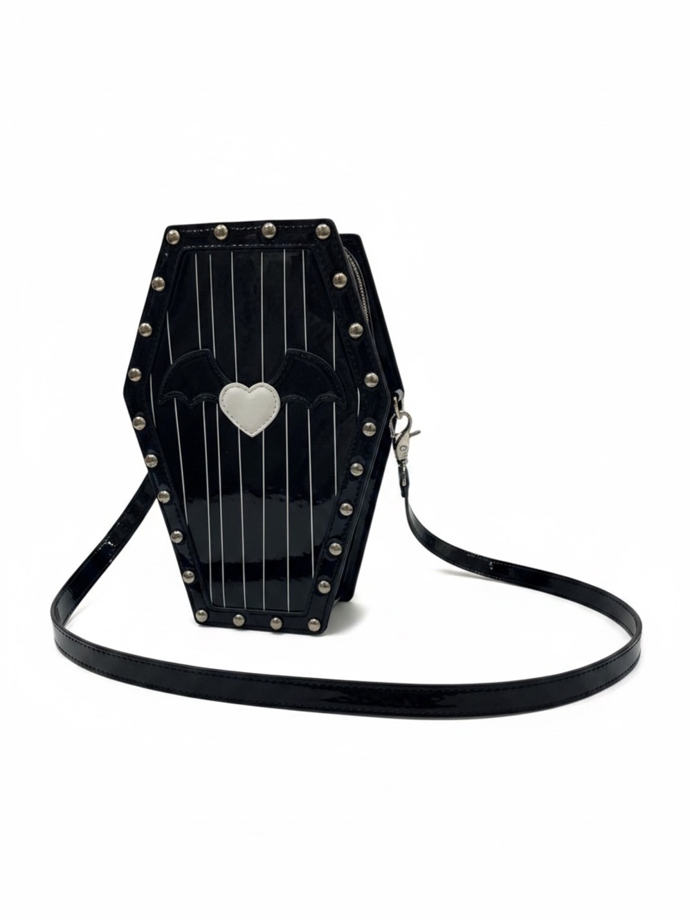 Keepersville 666 Coffin Shaped Black Patent Crossbody Bag with Heart Wing Accent